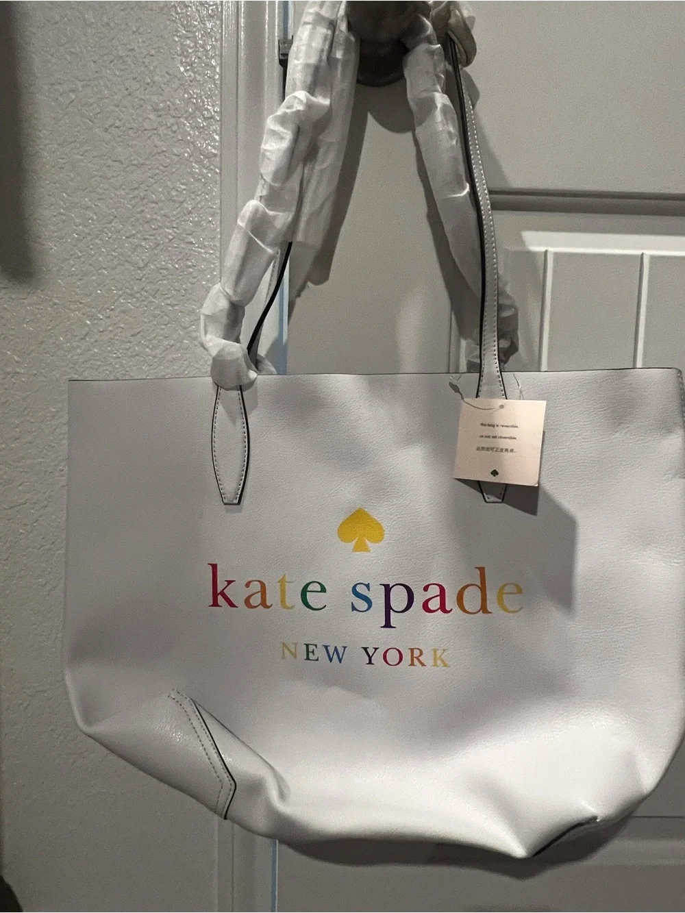 kate spade White Leather Tote with Rainbow Logo